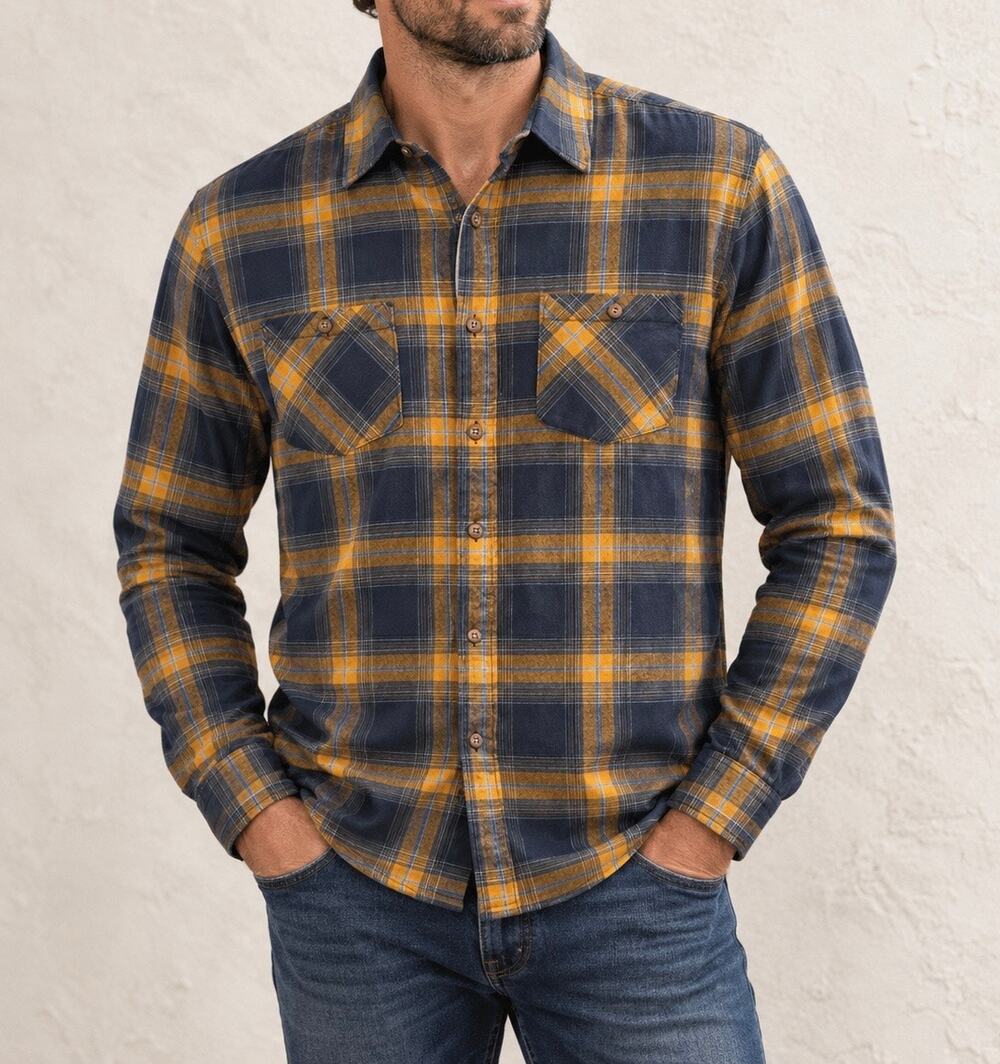 Lee Premium Quality Men's Plaid Flannel Shirt - Mustard & Navy - Small